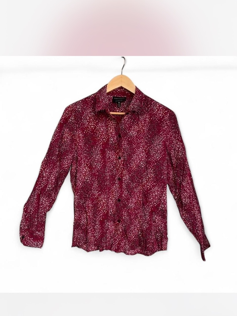 Abstract artsy Burgundy Button-Down Shirt with black gray & white dots size 10